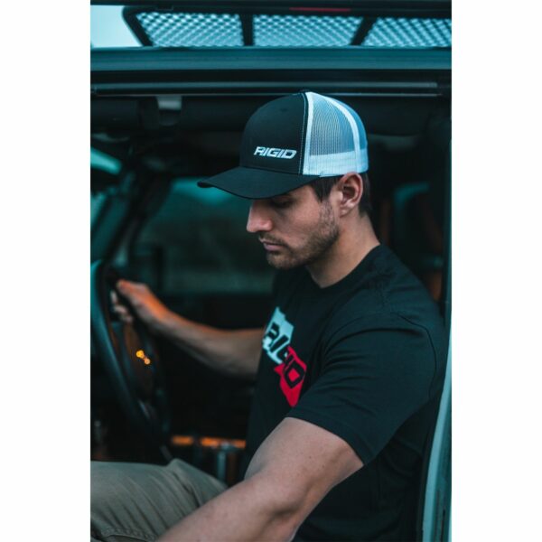 RIGID Retro Trucker Hat With Offset Logo, Black Front, White Mesh Snapback