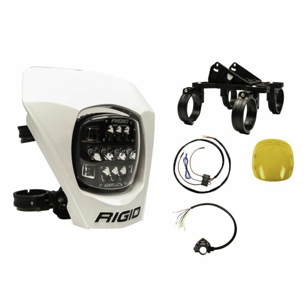 RIGID Adapt XE Extreme Enduro Ready To Ride Moto Kit, Includes LED Light With 3 Lighting Zones And GPS Module, Amber Light Cover, White Number Plate, Wire Harness, 3 Position Kill Switch, And Mounting Kit