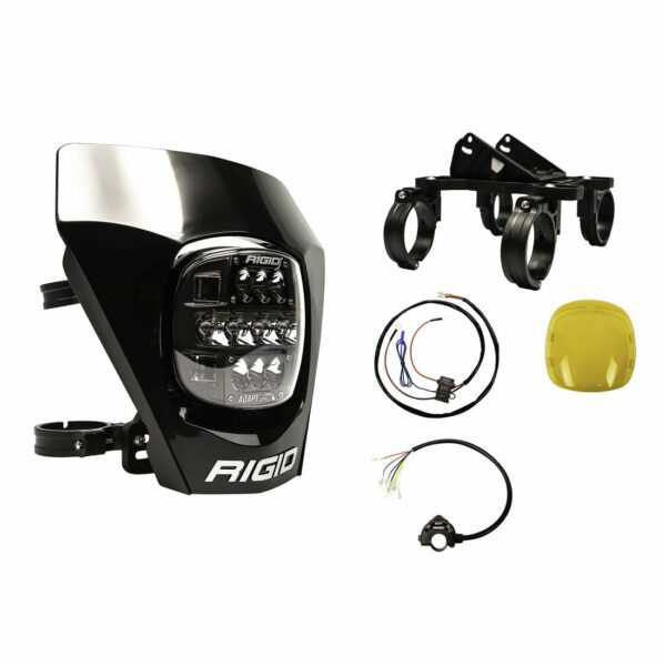 RIGID Adapt XE Extreme Enduro Ready To Ride Moto Kit, Includes LED Light With 3 Lighting Zones And GPS Module, Amber Light Cover, Black Number Plate, Wire Harness, 3 Position Kill Switch, And Mounting Kit